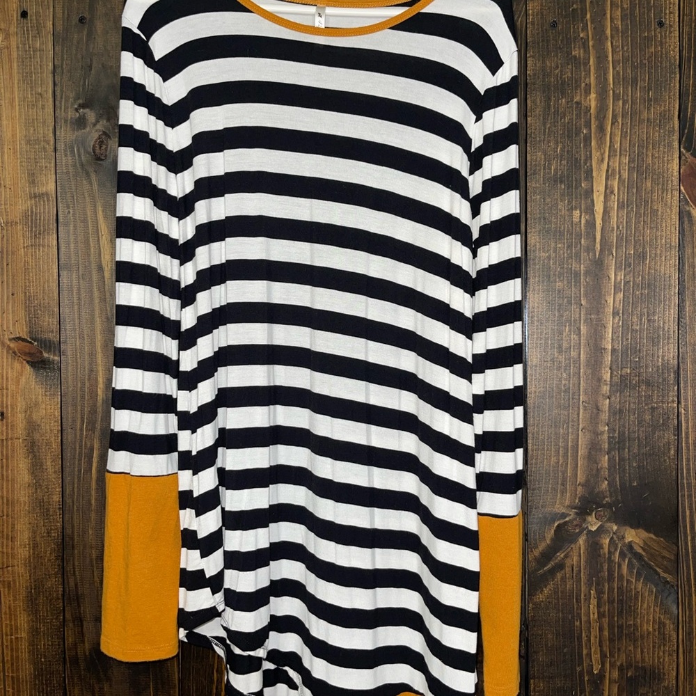 Striped Long Sleeve Top with Mustard Accents